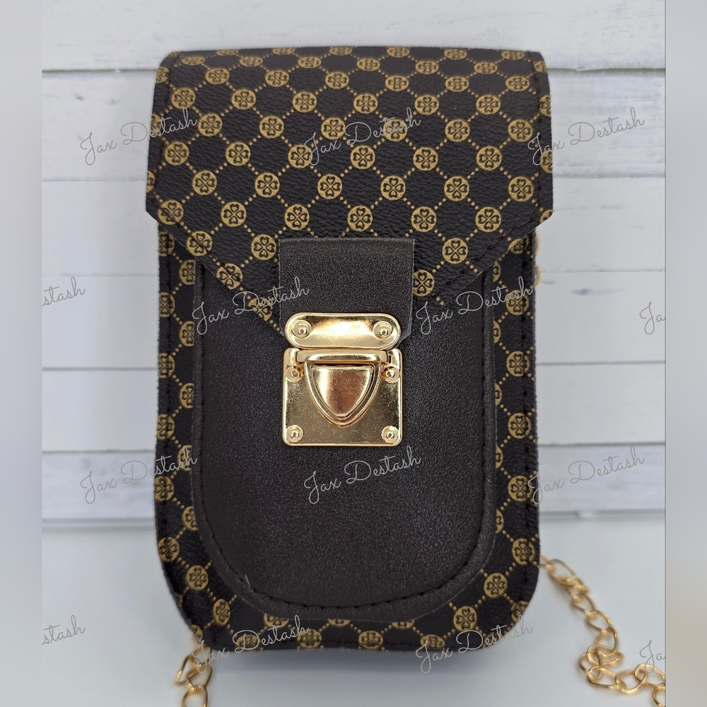 Black and Gold Patterned Crossbody Phone Bag BG47615